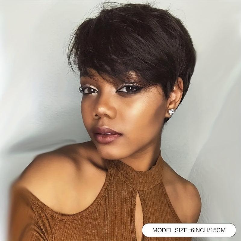 Pixie Cut Human Hair Wig 15 24 Cm Short Straight Machine Wig With Bangs