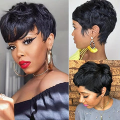 Pixie Cut Human Hair Wig 15 24 Cm Short Straight Machine Wig With Bangs