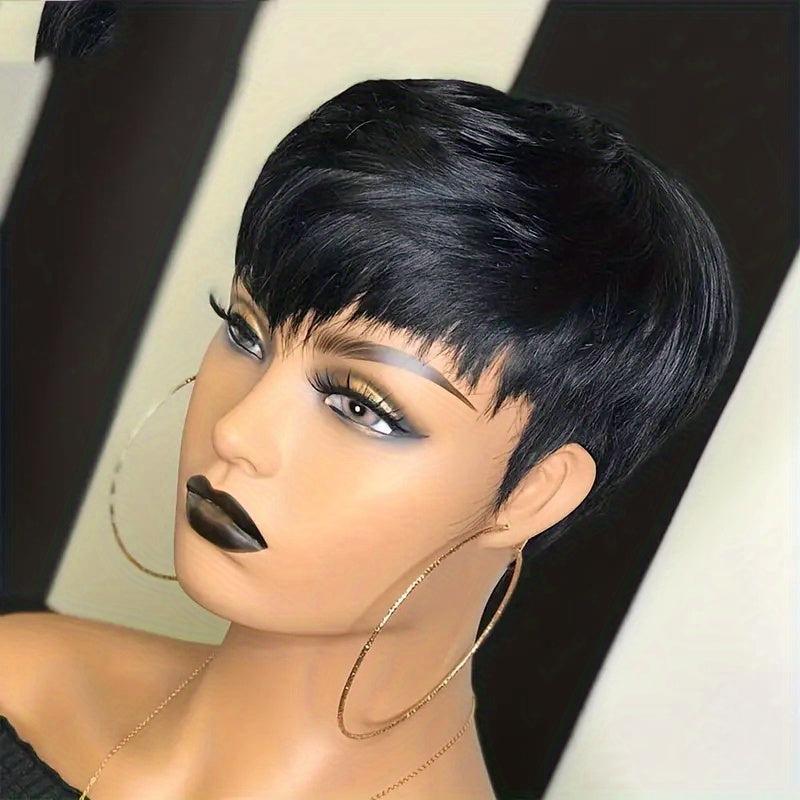 Pixie Cut Human Hair Wig 15 24 Cm Short Straight Machine Wig With Bangs