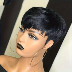Pixie Cut Human Hair Wig 15 24 Cm Short Straight Machine Wig With Bangs