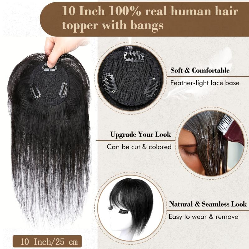 Human Hair Topper with Hair Bangs for Women 100% Real Human Hair