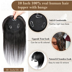 Human Hair Topper with Hair Bangs for Women 100% Real Human Hair