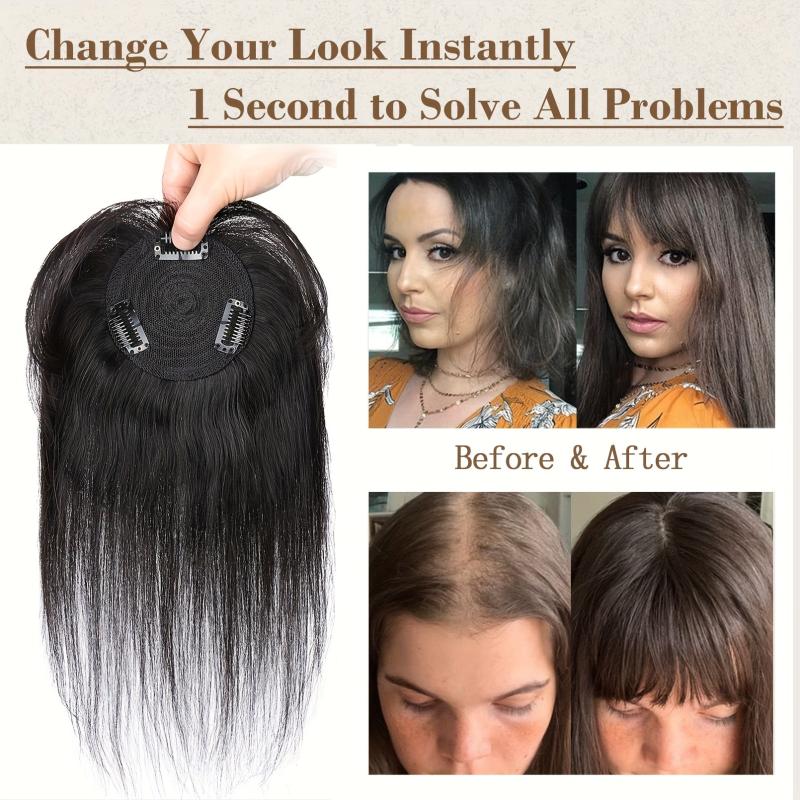 Human Hair Topper with Hair Bangs for Women 100% Real Human Hair