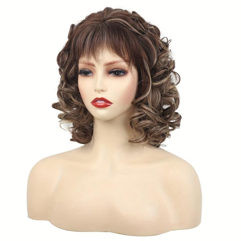 Short Curly Mixed Blonde Wigs For Women Shag Curly Dark Brown Wigs With Bangs