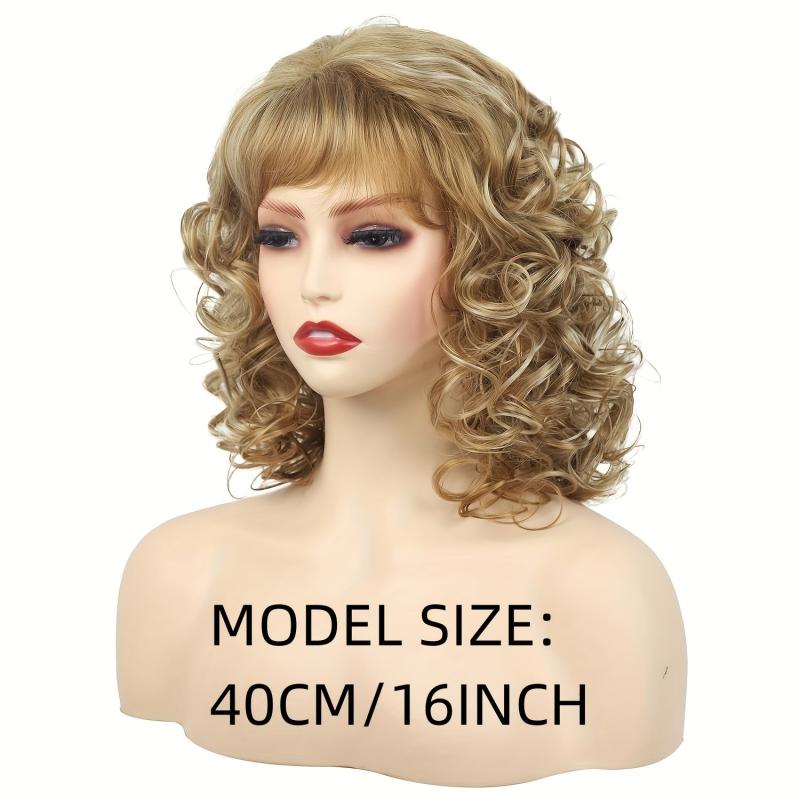 Short Curly Mixed Blonde Wigs For Women Shag Curly Dark Brown Wigs With Bangs