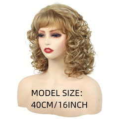 Short Curly Mixed Blonde Wigs For Women Shag Curly Dark Brown Wigs With Bangs