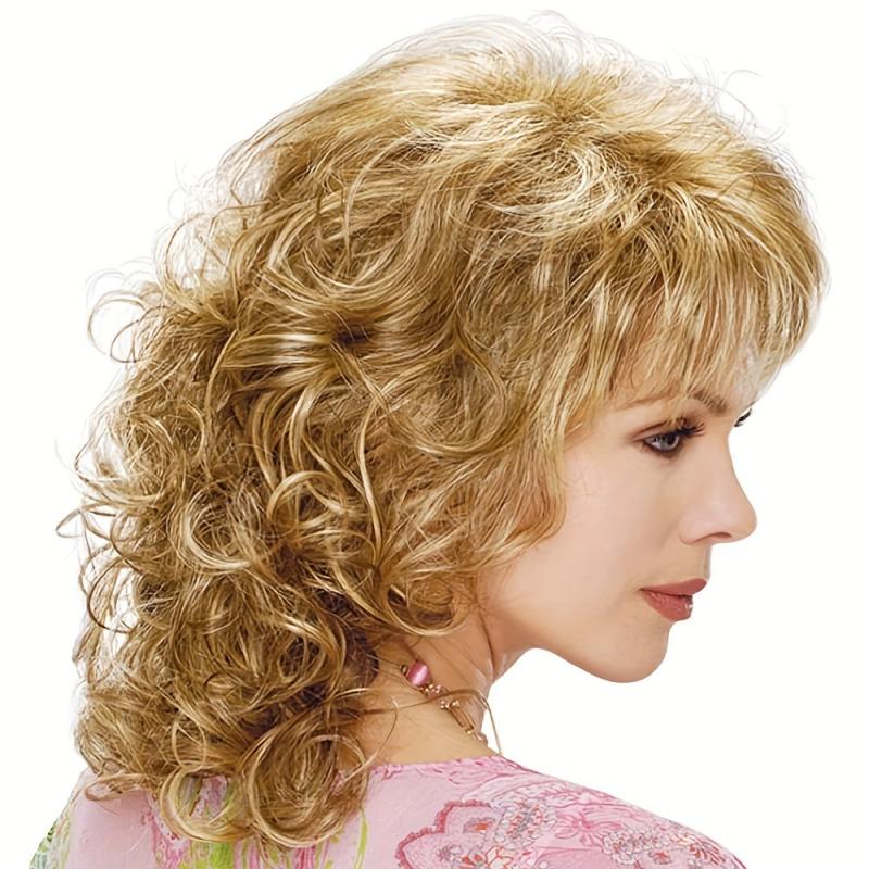 Short Curly Mixed Blonde Wigs For Women Shag Curly Dark Brown Wigs With Bangs
