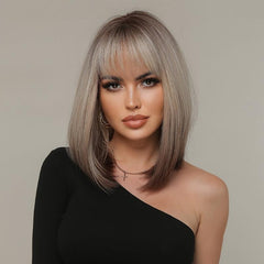 Short Straight Bob Gray Wig Top Heat Resistant Synthetic Ombre To Gray Hair Wigs