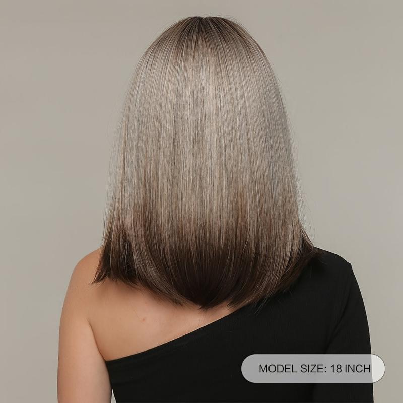 Short Straight Bob Gray Wig Top Heat Resistant Synthetic Ombre To Gray Hair Wigs