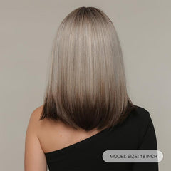 Short Straight Bob Gray Wig Top Heat Resistant Synthetic Ombre To Gray Hair Wigs