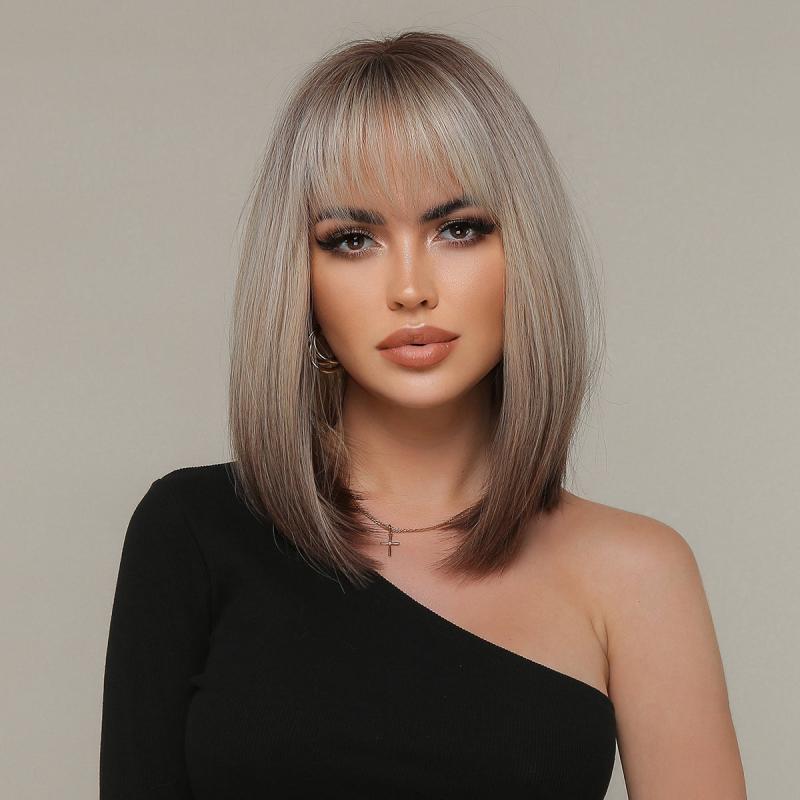 Short Straight Bob Gray Wig Top Heat Resistant Synthetic Ombre To Gray Hair Wigs