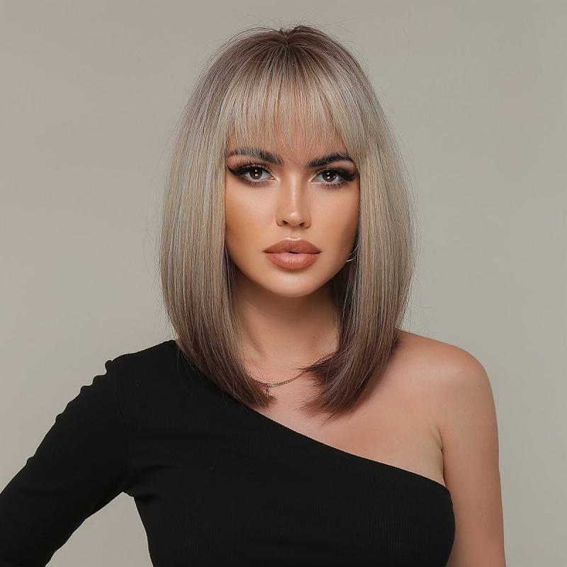 Short Straight Bob Gray Wig Top Heat Resistant Synthetic Ombre To Gray Hair Wigs