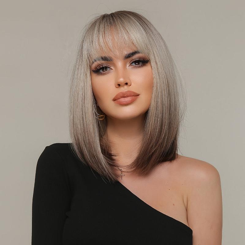 Short Straight Bob Gray Wig Top Heat Resistant Synthetic Ombre To Gray Hair Wigs