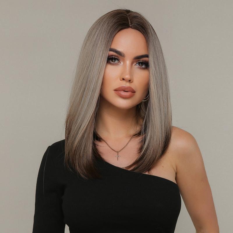 Short Straight Bob Gray Wig Top Heat Resistant Synthetic Ombre To Gray Hair Wigs