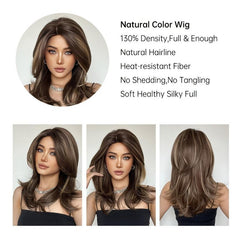 Natural Brown Blonde Layered Wig with Highlights 18 Inch Realistic Hairpiece