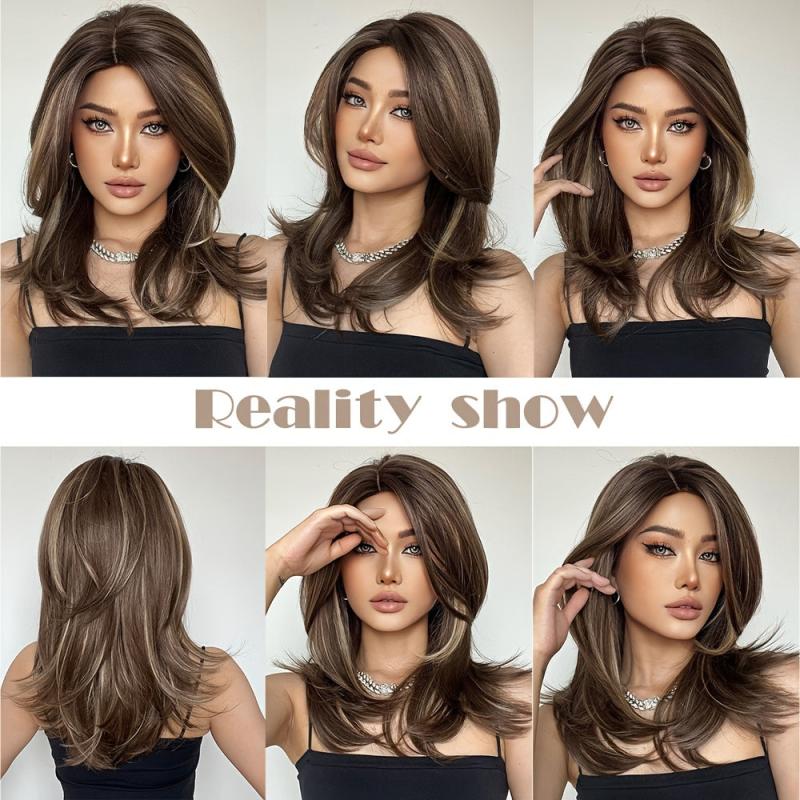 Natural Brown Blonde Layered Wig with Highlights 18 Inch Realistic Hairpiece