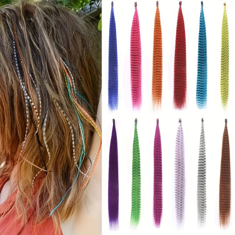10pcs Synthetic Feather Hair Extensions Mixed Colored Stripe Wig 40-64 cm