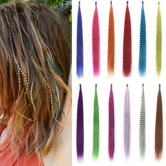 10pcs Synthetic Feather Hair Extensions Mixed Colored Stripe Wig 40-64 cm