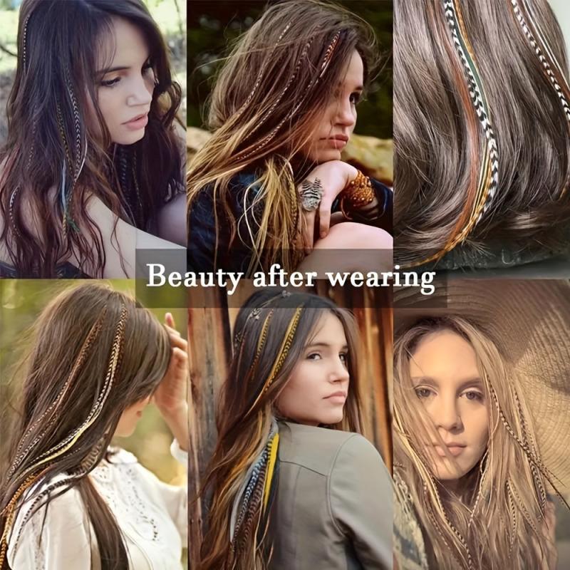 10pcs Synthetic Feather Hair Extensions Mixed Colored Stripe Wig 40-64 cm