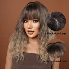 Ombre Blonde Synthetic Bangs Wigs for Women Medium Length Wavy Brown Hairpiece