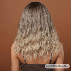 Ombre Blonde Synthetic Bangs Wigs for Women Medium Length Wavy Brown Hairpiece