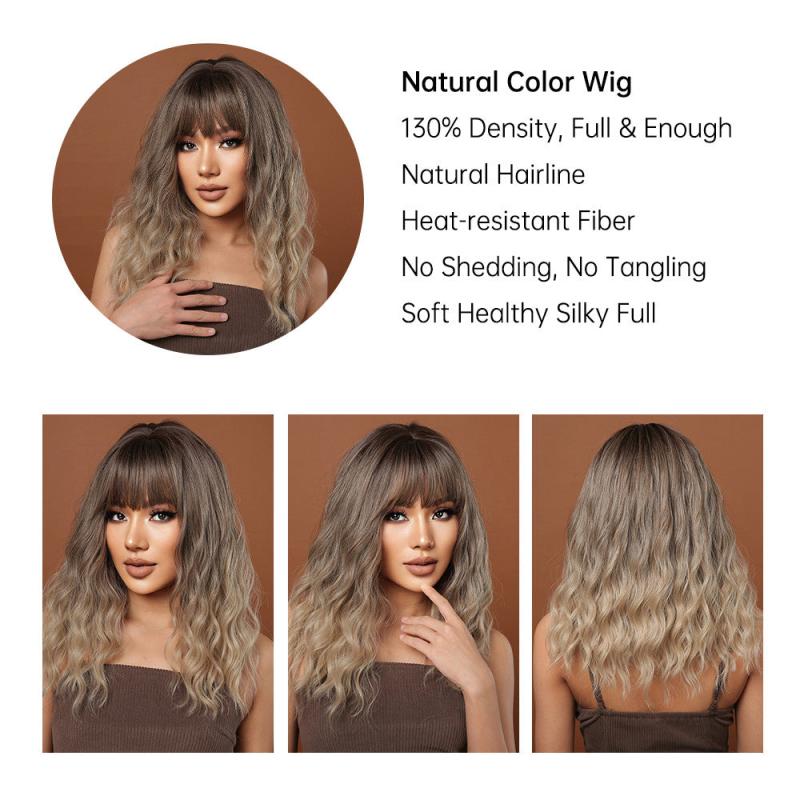 Ombre Blonde Synthetic Bangs Wigs for Women Medium Length Wavy Brown Hairpiece