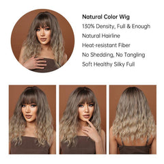 Ombre Blonde Synthetic Bangs Wigs for Women Medium Length Wavy Brown Hairpiece