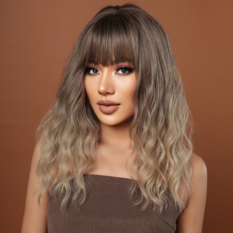Ombre Blonde Synthetic Bangs Wigs for Women Medium Length Wavy Brown Hairpiece