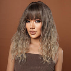 Ombre Blonde Synthetic Bangs Wigs for Women Medium Length Wavy Brown Hairpiece
