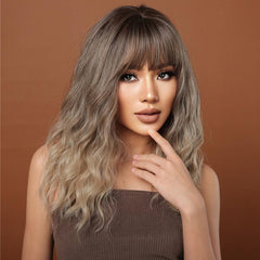Ombre Blonde Synthetic Bangs Wigs for Women Medium Length Wavy Brown Hairpiece