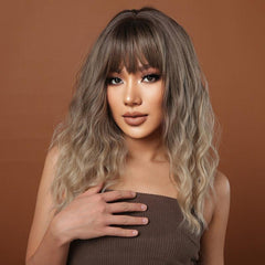 Ombre Blonde Synthetic Bangs Wigs for Women Medium Length Wavy Brown Hairpiece