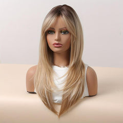 Blonde Straight Layered Hair Wigs With Bangs