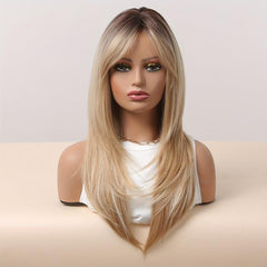 Blonde Straight Layered Hair Wigs With Bangs