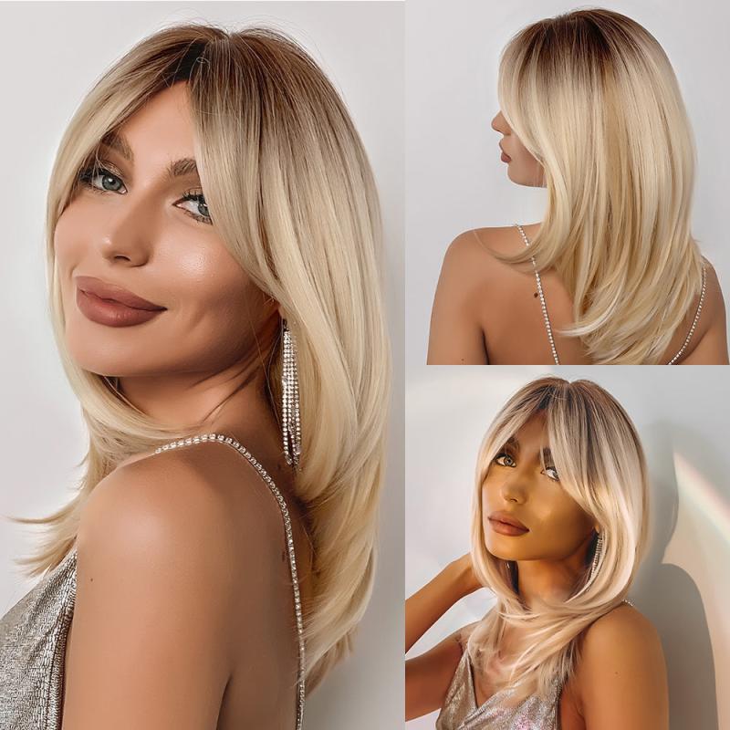 Long Blonde Wig With Bangs Layered Synthetic Hair Wig