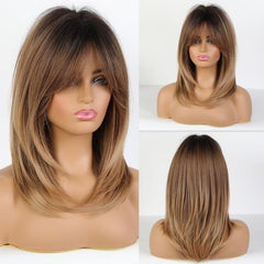 Long Blonde Wig With Bangs Layered Synthetic Hair Wig