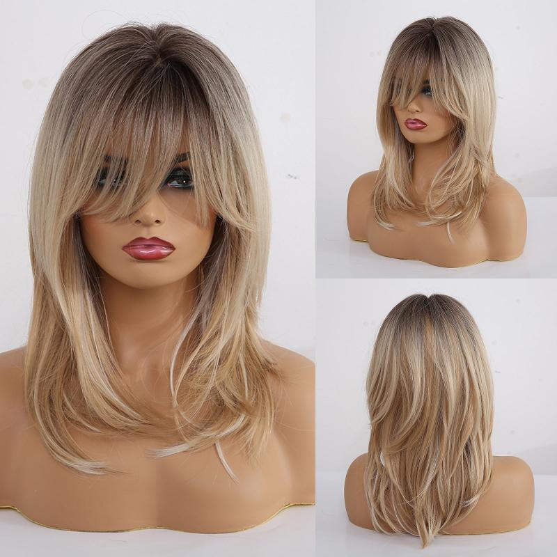 Long Blonde Wig With Bangs Layered Synthetic Hair Wig