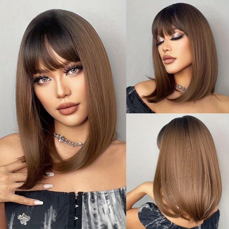Chestnut Brown Short Straight Wigs With Bangs Synthetic Heat Resistant Wigs