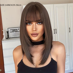 Chestnut Brown Short Straight Wigs With Bangs Synthetic Heat Resistant Wigs