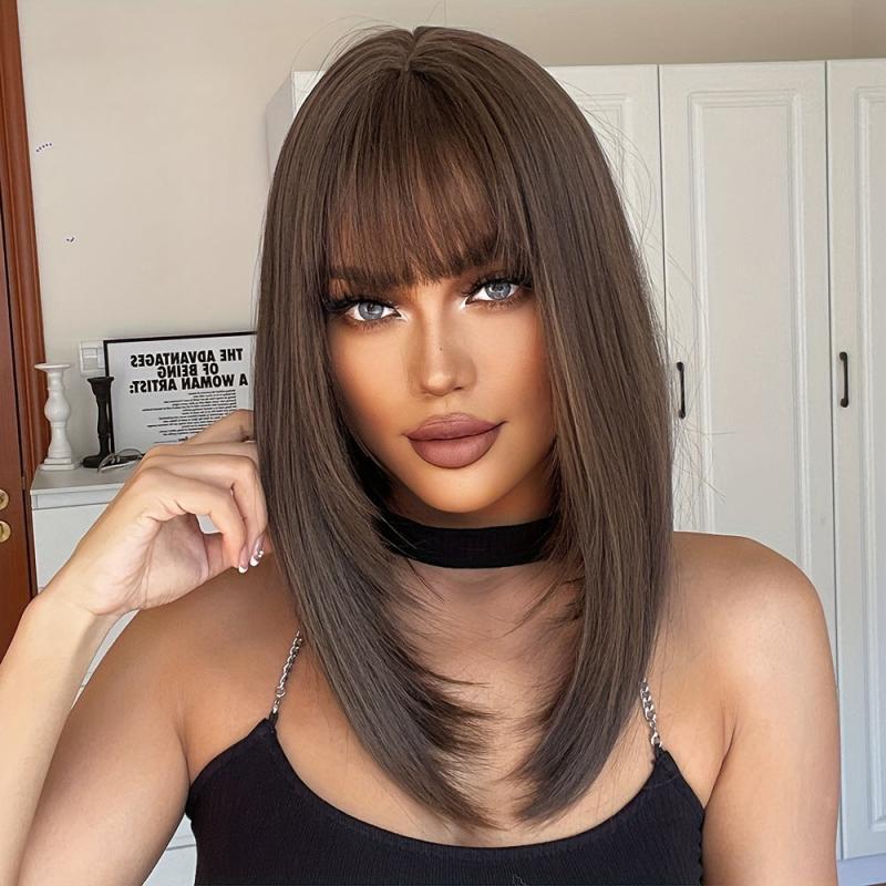 Chestnut Brown Short Straight Wigs With Bangs Synthetic Heat Resistant Wigs