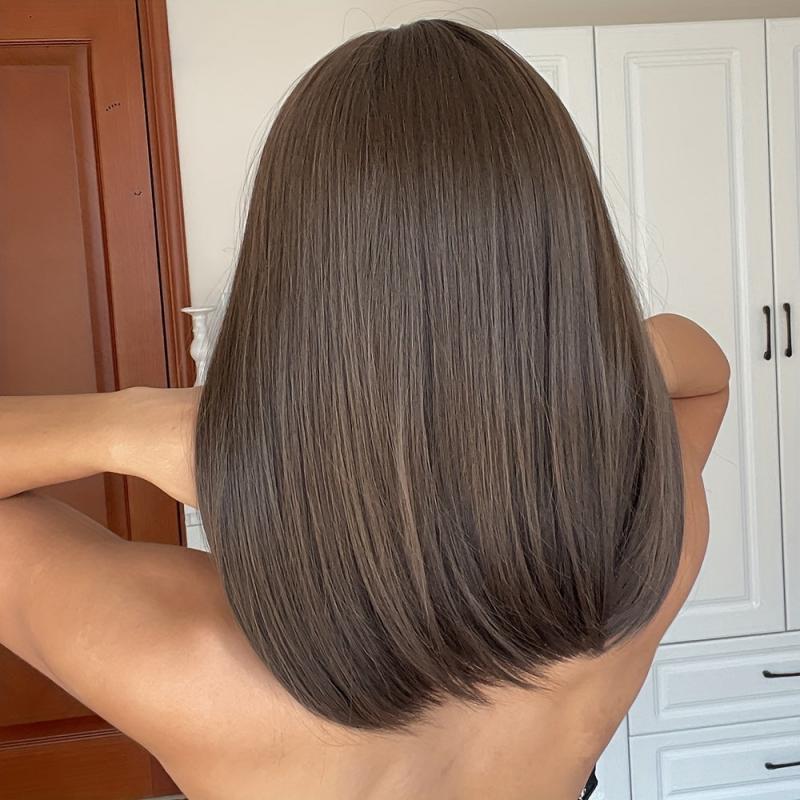 Chestnut Brown Short Straight Wigs With Bangs Synthetic Heat Resistant Wigs