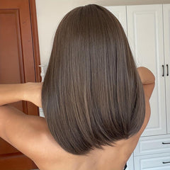 Chestnut Brown Short Straight Wigs With Bangs Synthetic Heat Resistant Wigs