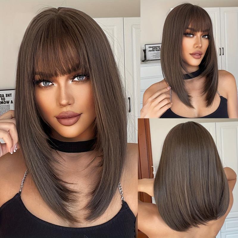 Chestnut Brown Short Straight Wigs With Bangs Synthetic Heat Resistant Wigs