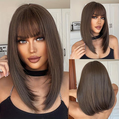 Chestnut Brown Short Straight Wigs With Bangs Synthetic Heat Resistant Wigs