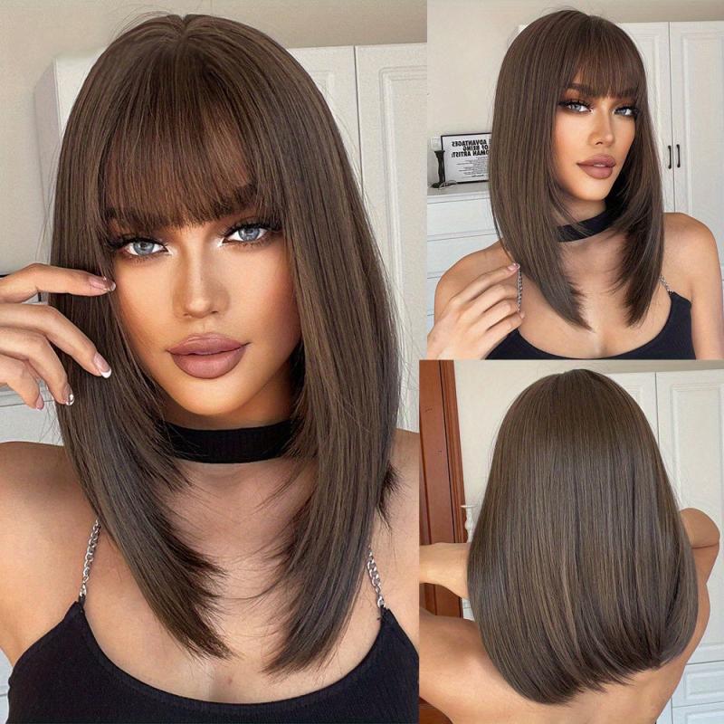 Chestnut Brown Short Straight Wigs With Bangs Synthetic Heat Resistant Wigs