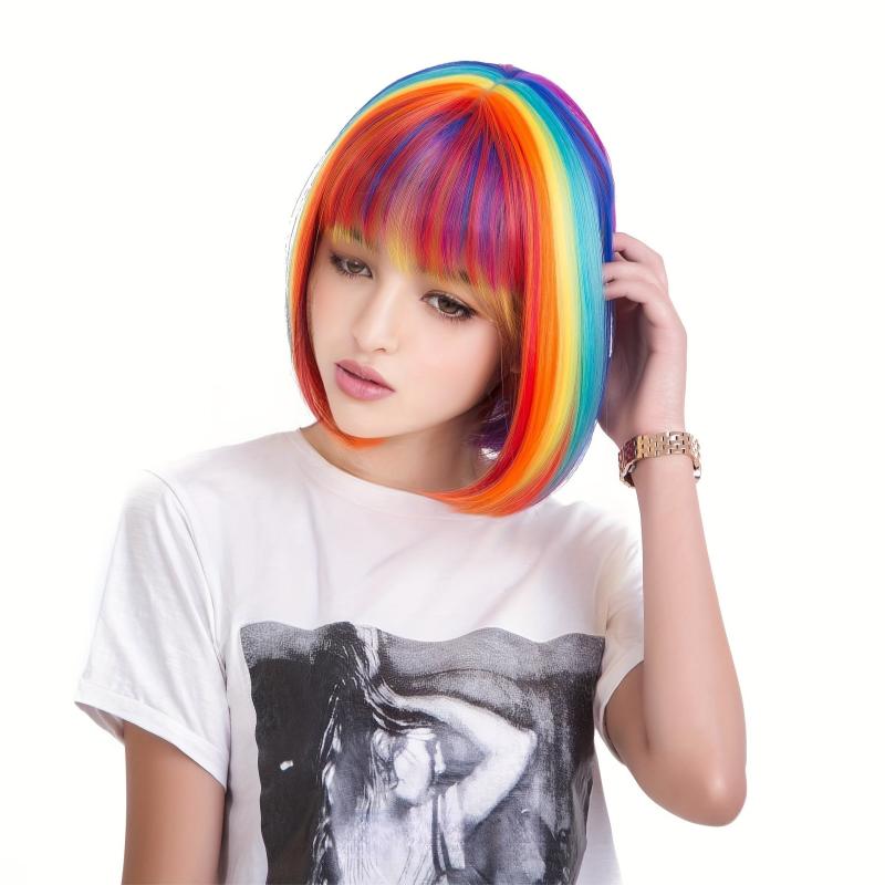 Rainbow Highlight Short Straight Bob Wig With Bangs Synthetic Wig Anime Cosplay