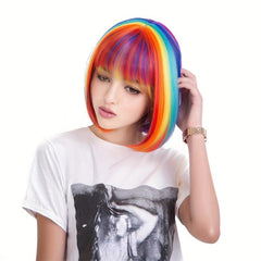 Rainbow Highlight Short Straight Bob Wig With Bangs Synthetic Wig Anime Cosplay