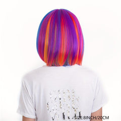 Rainbow Highlight Short Straight Bob Wig With Bangs Synthetic Wig Anime Cosplay