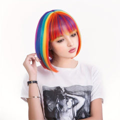 Rainbow Highlight Short Straight Bob Wig With Bangs Synthetic Wig Anime Cosplay