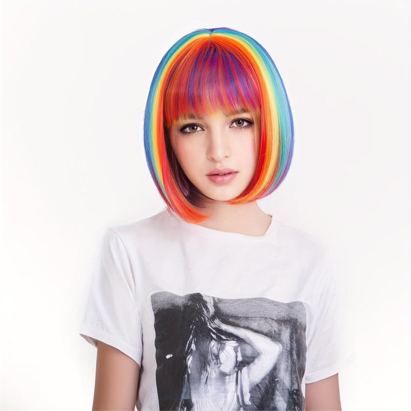 Rainbow Highlight Short Straight Bob Wig With Bangs Synthetic Wig Anime Cosplay