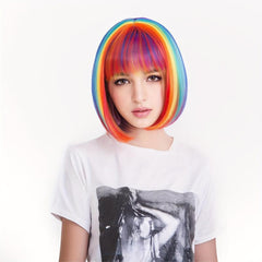 Rainbow Highlight Short Straight Bob Wig With Bangs Synthetic Wig Anime Cosplay